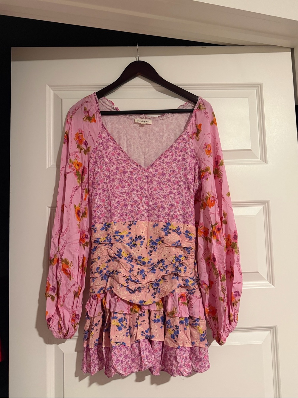 For Love Bell pink floral dress with ruffles and long sleeves, size S